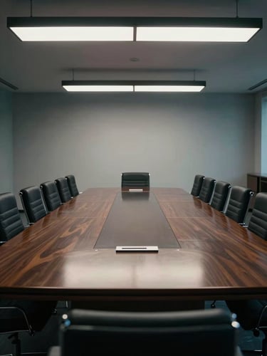 Wide, commanding environmental shot of an empty, high-end boardroom table, cool-toned studio lighting reflecting off polished surfaces.