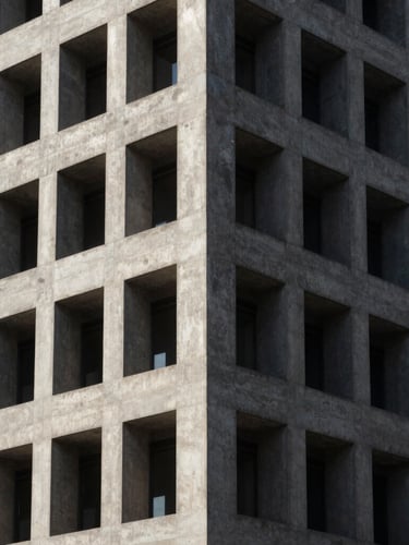 Sharp architectural corner of a concrete modernist skyscraper, casting deep geometric black shadows under direct intense sunlight, minimalist crop.
