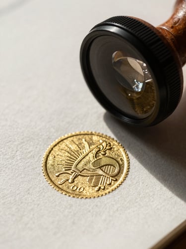 Macro close-up of heavy-weight cotton paper document with sharp geometric shadow falling across a gold-embossed seal.