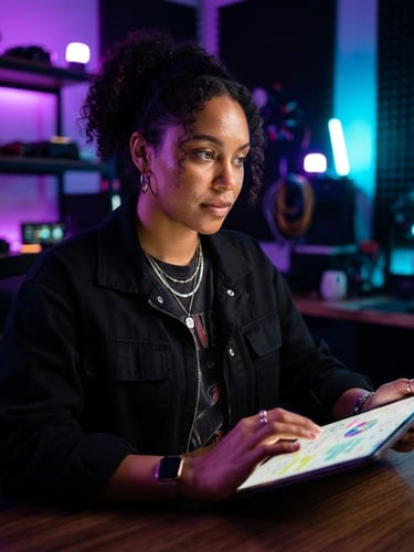 High-contrast portrait of a digital creator reviewing a brief on a tablet, vibrant purple and cyan ambient studio lighting, sharp focus, 35mm lens, modern editorial photography.