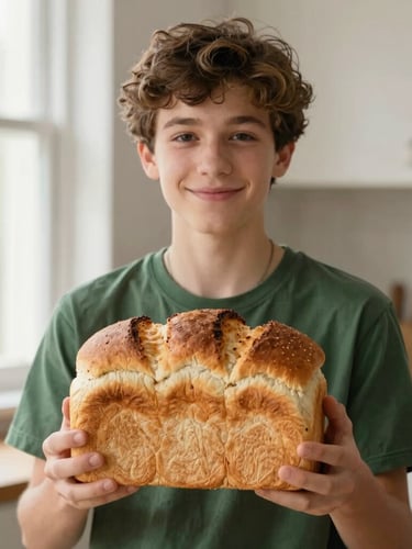 A portrait-oriented shot of a teenager proudly holding a freshly baked, golden-brown loaf of bread in a warm kitchen. Soft natural side lighting, shallow depth of field, focused on the texture of the bread and the genuine smile.