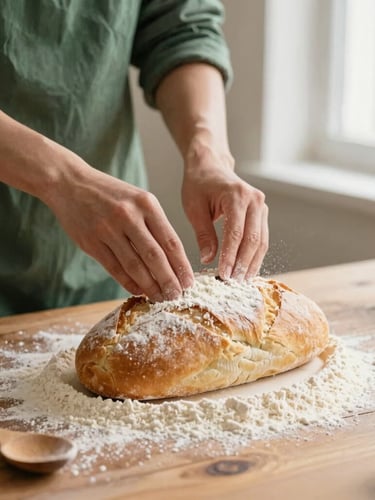 Hands measuring flour next to a golden baked loaf on a rustic wooden counter, warm natural window light, soft focus, cream and forest green tones