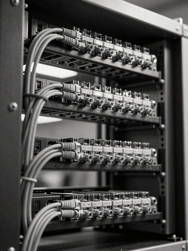 Close-up overhead shot of structured cable routing inside a wall-mounted AV rack, neatly bundled ethernet and HDMI cables zip-tied in parallel rows, task lighting from below, black and white technical documentary style