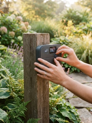 Close-up of hands adjusting a sleek smart-irrigation controller in a sun-drenched modern garden, warm morning daylight, 35mm