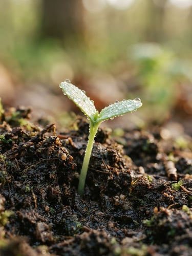 Macro shot of a dew-covered seedling emerging from rich organic soil, soft morning daylight, shallow depth of field, 35mm
