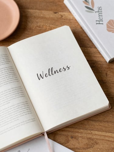 Overhead flat-lay of printed wellness journals on a warm wooden table, soft morning daylight, delicate terracotta details, cozy atmosphere