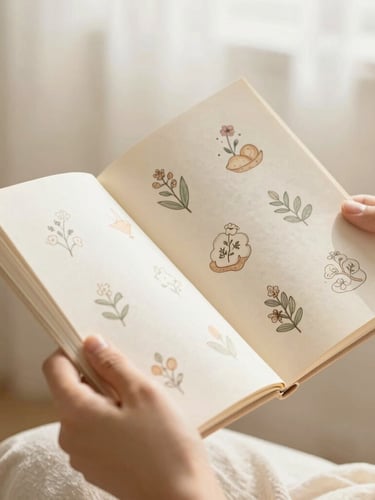Hands holding an open printed booklet with delicate drawings under soft diffused natural light, close-up framing, warm cream background