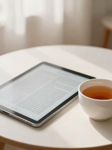 A cozy reading corner with a cup of tea, open digital tablet showing an e-book, soft diffused morning daylight, warm and inviting, shallow depth of field