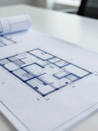 Macro close-up of structural architectural blueprints on a clean corporate boardroom table, cool daylight, sharp focus, 35mm