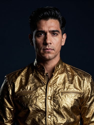 Imposing editorial portrait of Gabriel Macahuba, dark cosmic photography, deep navy and metallic gold tones, dramatic chiaroscuro lighting, sharp focus, 85mm lens