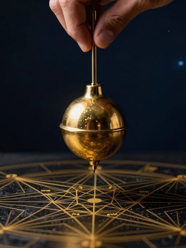 Close-up of hands holding a heavy brass pendulum over a golden geometric chart, dark cosmic atmosphere, deep navy background, dramatic lighting, sharp focus