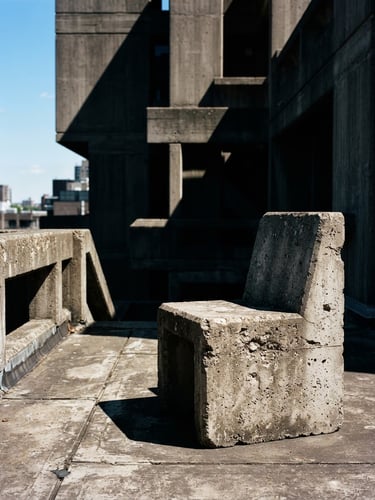 Stark heroic shot of a raw concrete chair on a brutalist terrace, harsh direct sunlight, deep dramatic shadows, 35mm lens, placed to the right, bleeding to the canvas edge.