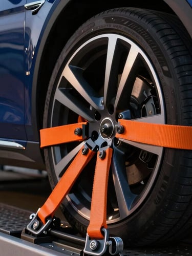 Close-up of professional car towing equipment, soft multi-point wheel straps securing a luxury car wheel on a flatbed, evening light