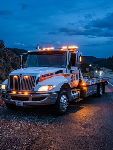 Low-angle heroic shot of a modern clean flatbed tow truck with glowing safety orange lights parked on the side of the M-2 highway at dusk, deep blue evening sky, sharp focus, professional commercial automotive photography