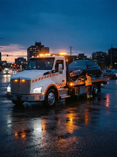 Low-angle commercial photography of a modern clean flatbed tow truck at dusk, glowing amber lights, safety-orange details, sharp focus, 35mm