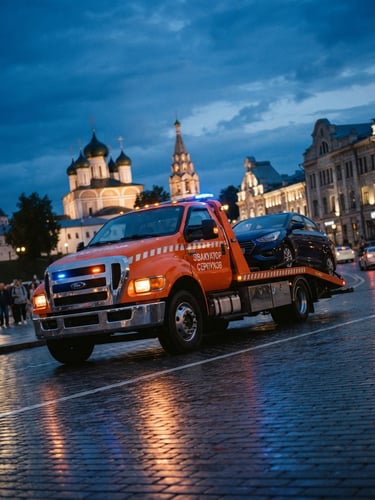Low-angle heroic shot of a modern clean tow truck on a Serpukhov street, dramatic evening light, deep blue and safety orange tones, sharp focus, 35mm