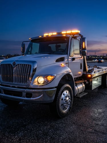 Low-angle heroic shot of a modern clean flatbed tow truck with glowing amber lights at twilight, sharp focus, 35mm
