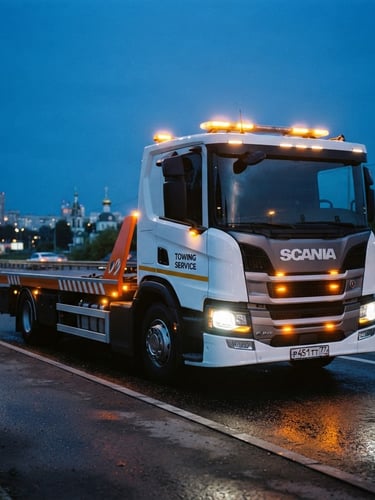 Low-angle heroic shot of a modern clean branded flatbed tow truck with glowing amber lights parked on a roadside in Serpukhov at twilight, professional commercial photography, 35mm