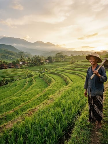 Wide panoramic view of Desa Karangrejo, lush green terraced rice fields under golden hour, local farmer smiling warmly in traditional attire on the right third, expansive sky, low horizon, warm editorial photography, 35mm.