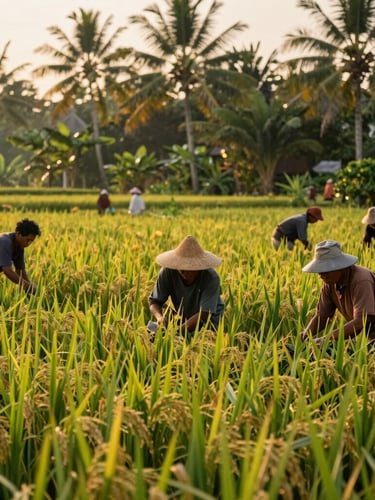 Candid medium shot of local Indonesian farmers working together in a rice field, warm golden hour light, lush tropical greens, authentic community life, 35mm