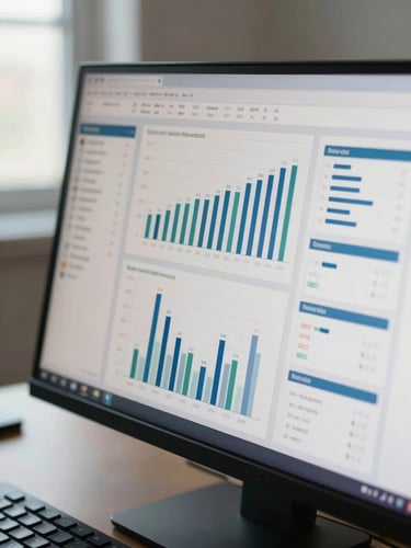 Close-up overhead shot of a monitor displaying a dense BI dashboard with bar charts and KPI tiles, clean daylight from a left window, keyboard edge visible at bottom of frame