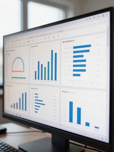 Close-up overhead shot of a wide monitor displaying a dense BI dashboard with bar charts and KPI tiles, clean daylight from a side window, keyboard partially visible at bottom edge