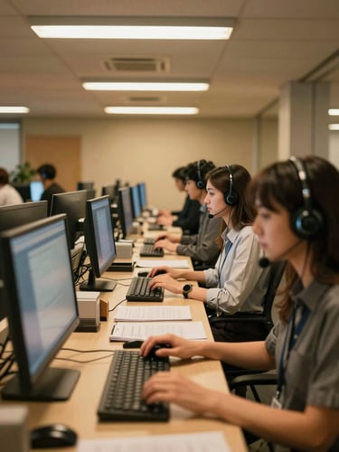 Wide environmental shot of a live call center floor, agents seated at workstations with CRM screens glowing, hands on headsets and keyboards, warm overhead tungsten light casting a golden tone across the room, low-angle framing showing the operational depth of the space, no posed subjects