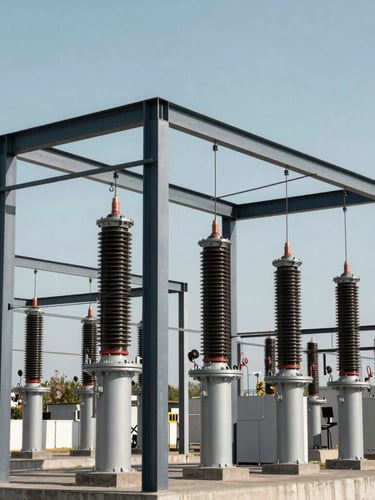 Sharp architectural shot of a modern power substation, steel structures against a crisp cool daylight sky, desaturated navy and steel tones, 35mm lens.