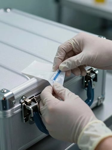 Close-up of hands in sterile nitrile gloves sealing a temperature-controlled medical transport case, harsh overhead clinical lighting, steel latches