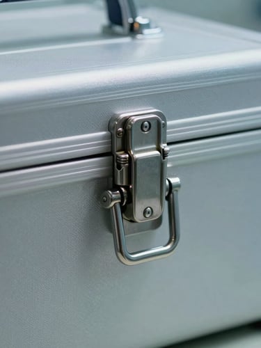Macro shot of a sealed, temperature-controlled clinical specimen transport case under cool sterile lighting, metallic lock detail in focus