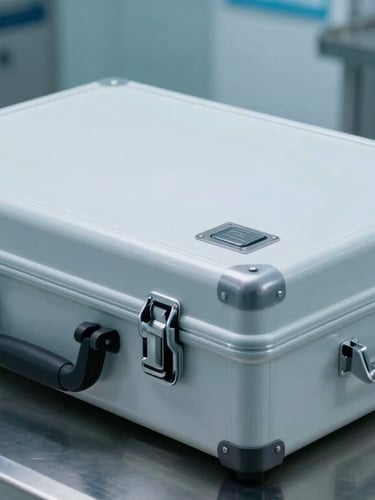 A sealed temperature-controlled medical transport case sits on a sterile stainless steel counter, cool blue-toned clinical lighting, sharp focus on the security seal.