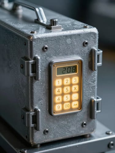 Macro shot of a heavy steel transport lockbox with a digital security keypad glowing gold, cool clinical lighting, sharp metallic edges, dark background.
