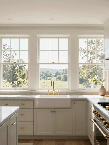 Straight-on architectural photograph of a pristine finished kitchen with warm brass fixtures, bright natural daylight flooding through newly renovated windows, clean geometric alignments.