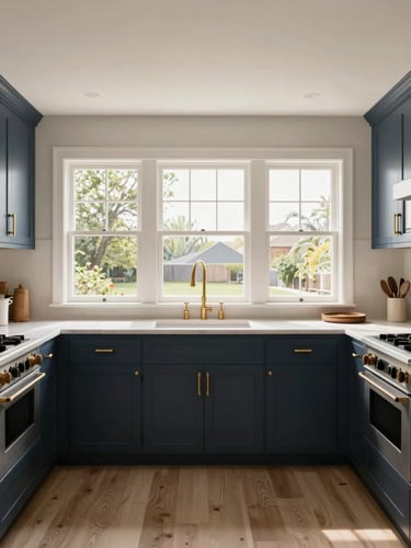 Straight-on architectural photograph of a completed modern kitchen renovation, bright natural daylight streaming through large windows, crisp brass hardware details on deep navy cabinets, warm neutral tones.