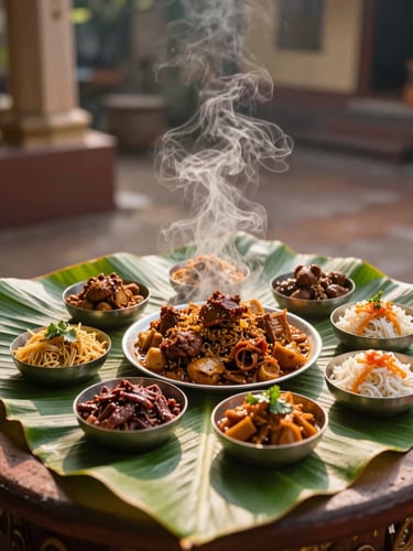 A stunning visual of a traditional Brahmin feast served on fresh green banana leaves, steam rising from freshly made Bisibele Bath, warm morning temple light