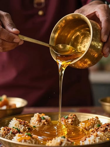 Close-up of hands pouring golden clarified ghee from a traditional brass vessel onto fresh food, warm side-lighting, shallow depth of field, rich heritage atmosphere