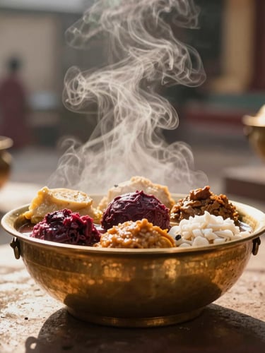 Steam rising from freshly prepared traditional South Indian delicacies in a large brass uruli vessel, warm dramatic temple-style lighting, shallow depth of field, 35mm