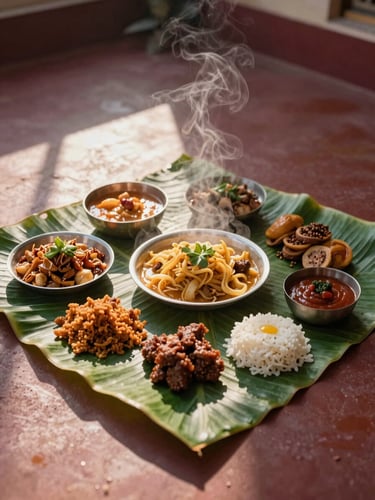 Overhead flat-lay of a traditional South Indian Brahmin feast served on a fresh banana leaf, warm morning courtyard sunlight casting long soft shadows, steam rising, rich maroon tones, 35mm