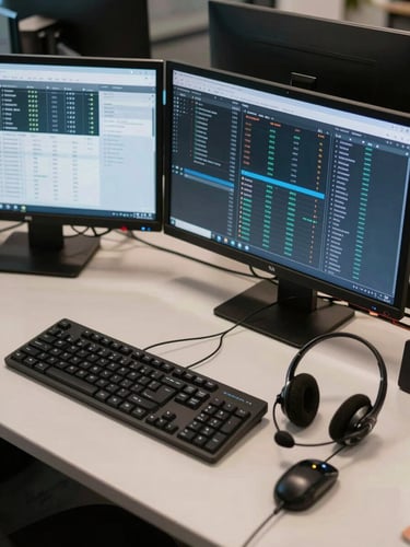 Close overhead shot of a call center workstation, dual monitors displaying call queue dashboards and live metrics data, a headset resting beside a keyboard, crisp overhead office lighting, organized and focused — no people visible, pure operational infrastructure