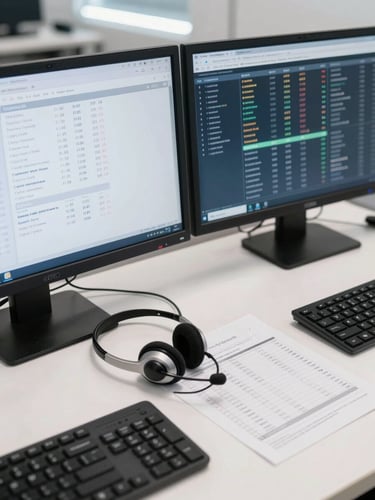 Close-up overhead shot of a call center workstation — dual monitors showing call queue dashboards, a headset resting on the desk, printed metrics sheet beside a keyboard, bright overhead fluorescent lighting, crisp and clinical