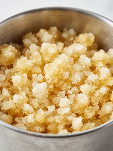 Macro texture shot of granular golden ghee in a stainless steel container, bright clean studio lighting, high-key food photography, professional