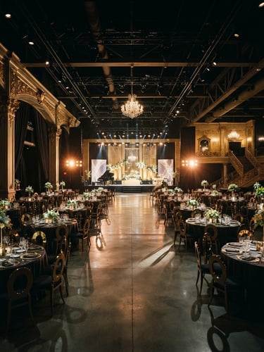 Wide-angle cinematic shot of a grand empty luxury event hall just before guest arrival, dramatic lighting setups casting long shadows on polished concrete, gold accents, 35mm film grain