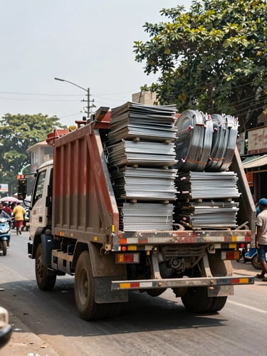 Wide documentary shot, a loaded scrap collection truck parked on a busy Bangalore street in harsh midday daylight, stacks of sorted metal visible in the truck bed, workers in the background, operational energy, no softening