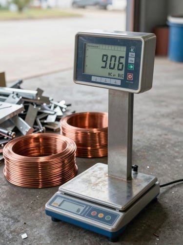 Close-up of a calibrated industrial weighing scale displaying a reading, stacks of sorted copper wire and aluminium scrap on a concrete floor nearby, natural daylight from a warehouse opening, documentary-style framing with sharp contrast
