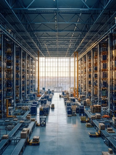 Wide-angle architectural shot of a massive automated high-bay warehouse at sunrise, crisp morning daylight reflecting on steel structures, deep blue and gold tones, 35mm