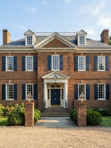 Wide-angle architectural photograph of the historic brick Governor Dinwiddie estate in Portsmouth under crisp morning daylight, stately entrance, polished brass accents, 35mm