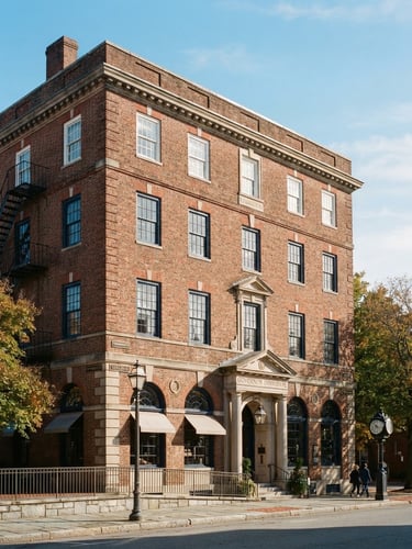 Stately brick exterior of the historic Governor Dinwiddie building in Portsmouth, crisp morning light, architectural details, 35mm photography