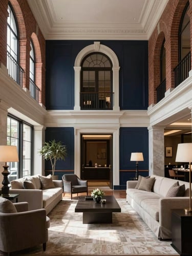Stately interior of a premium executive suite, high ceilings, historic architectural details with modern high-end furnishings, soft natural light