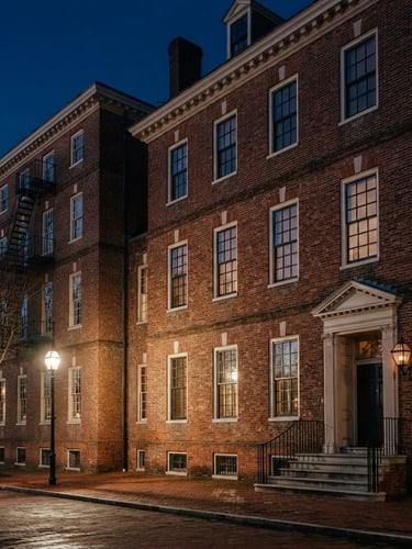 Stately architectural photography of the historic brick exterior of the Governor Dinwiddie building in Portsmouth, Virginia. Crisp early morning daylight casting long shadows, deep navy sky, sharp focus, 35mm.