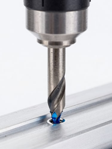 Macro close-up of a high-precision CNC drill bit cutting through pristine aluminum, cool blue coolant spray, bright high-key studio lighting, sharp focus on the cutting edge